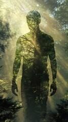 Fototapeta premium Mans silhouette surrounded by lush greenery and sunlight filtering through trees at dawn