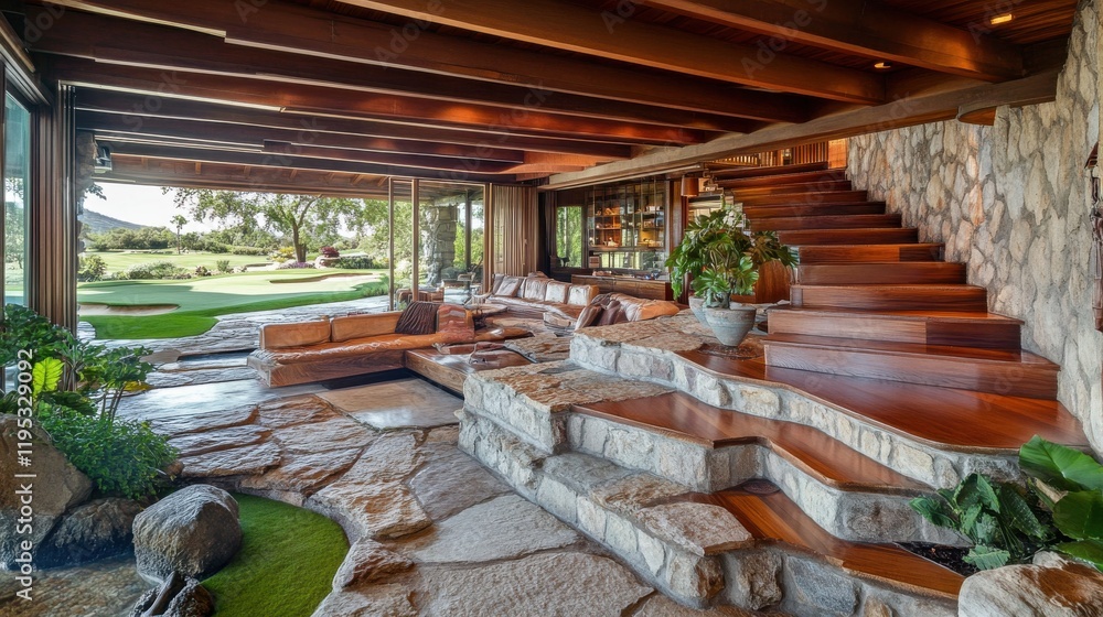 Poster Rustic home with a unique stepped living area showcasing natural materials and open spaces in a tranquil setting