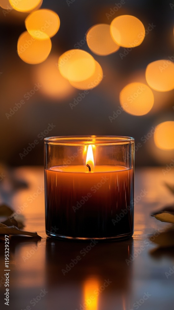 Poster glowing candle illuminates a rich brown and amber bokeh background, creating a warm and inviting atm