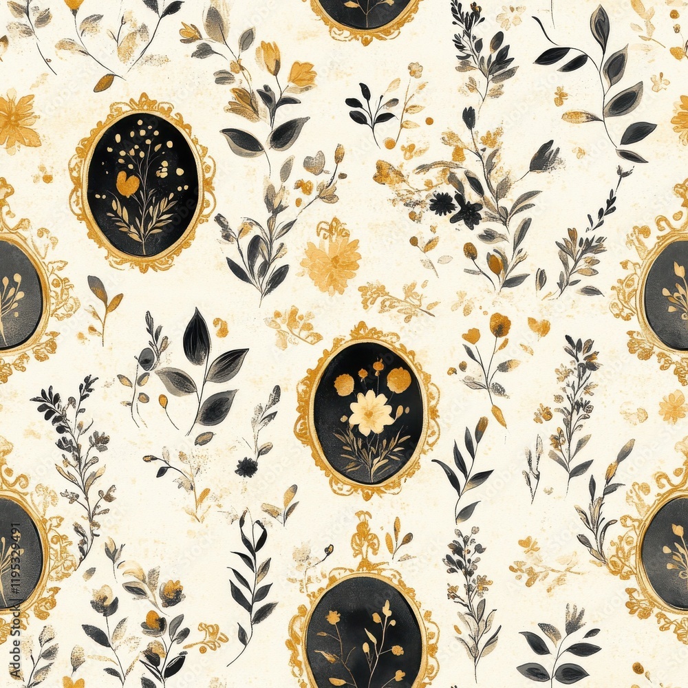 Poster Colorful floral doodles with elegant frames on a soft cream background creating a whimsical atmosphere