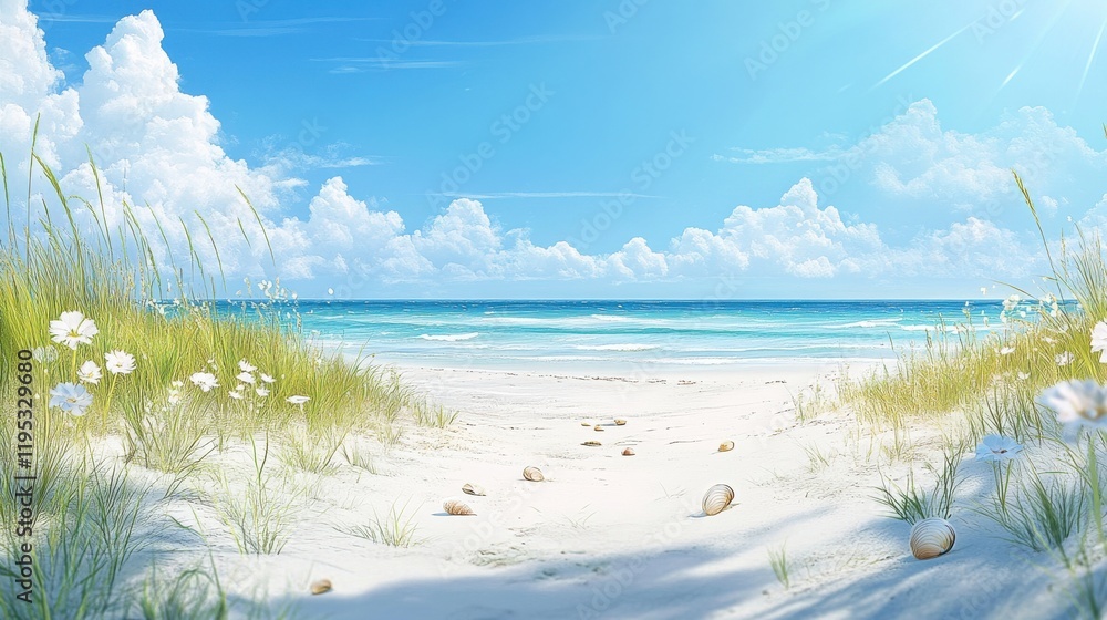 Aufkleber Spring beach with soft white sand and gentle waves under a bright blue sky creating a serene atmosphere