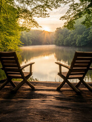 Fototapeta premium Sunrise Serenity: Two empty chairs stand side by side on a wooden deck overlooking a serene lake, bathed in the golden light of a sunrise, inviting a sense of peace and tranquility. 