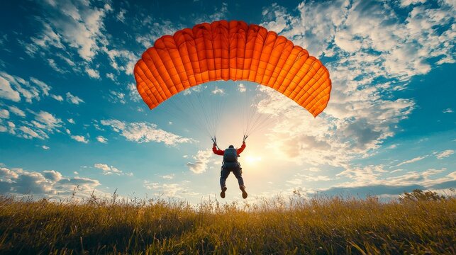 Skydiver landing gracefully with parachute open, feet touching down on a grassy field,