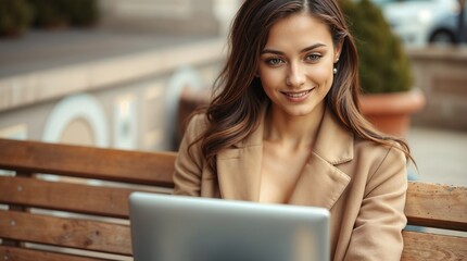 Smiling young European woman using laptop while sitting on bench