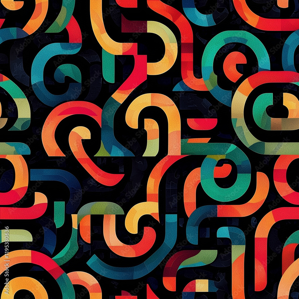 Poster colorful abstract pattern featuring wavy lines and curves on a dark background.