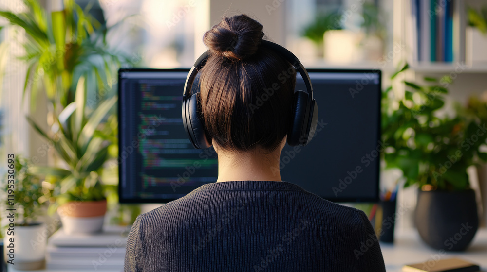 Poster modern workspace with developer and technology