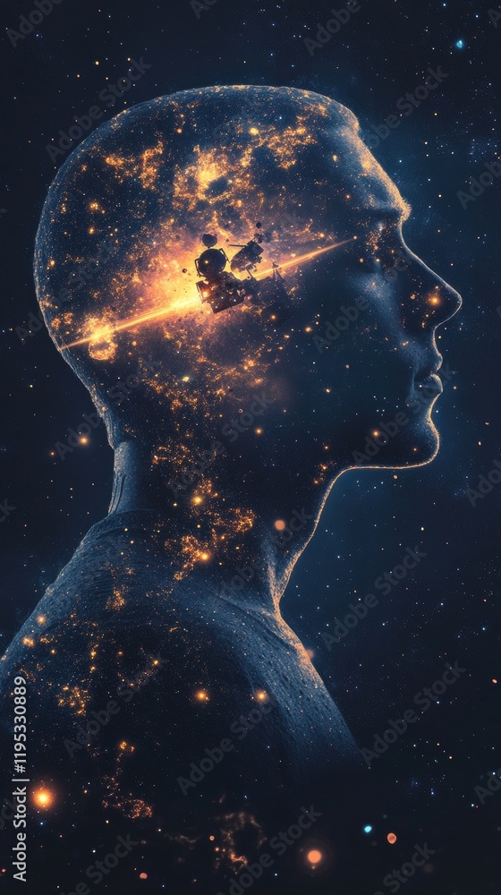 Poster mystical visualization of a man's profile with cosmic elements and glowing stars in a deep, dark spa