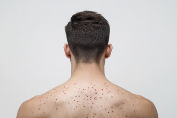 Naklejka premium A bare back of a young man displaying a pattern of small, colorful dots against a plain background, emphasizing body art or skin features.
