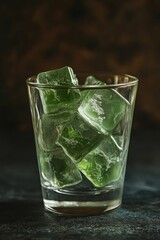 Green ice cubes in a glass.
