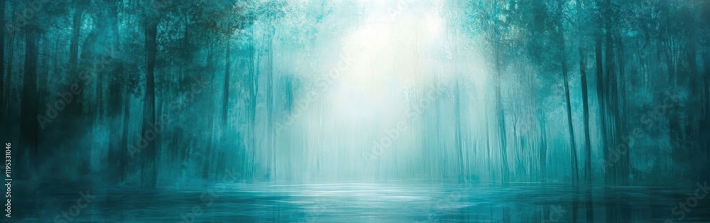 Poster mystical teal forest with fog and calm water reflecting the enchanting atmosphere of a serene enviro