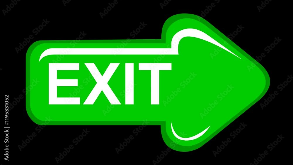 Poster video animation exit arrow signage symbol concept, on a transparent background with alpha channel se
