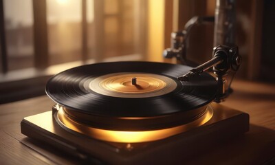 Vinyl record spinning on phonograph with warm golden light ,  vinyl,  golden,  records