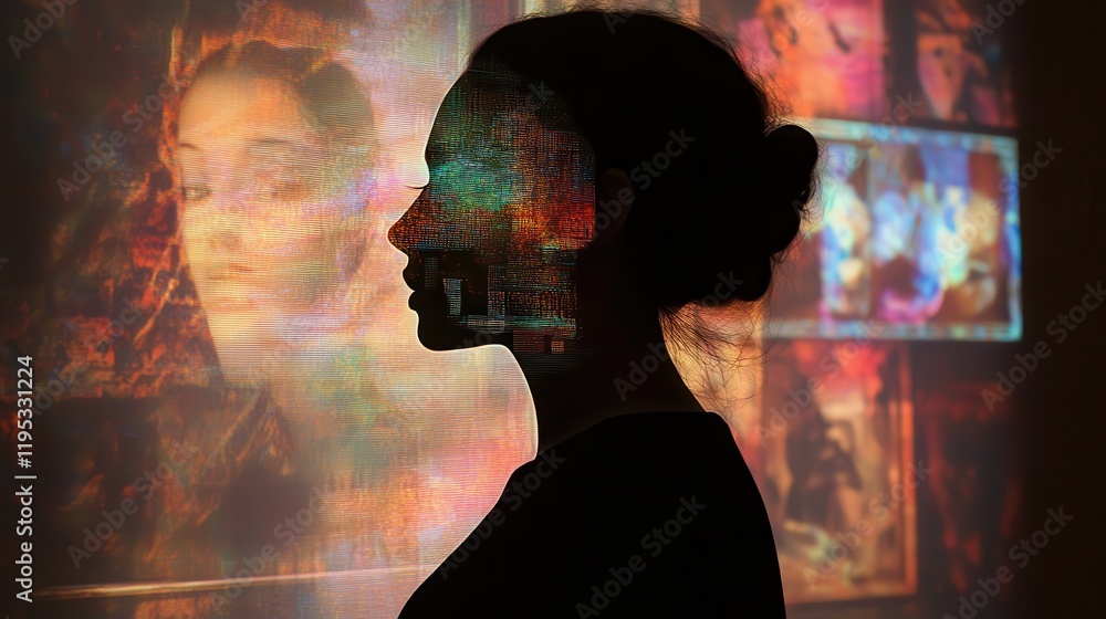 Poster mystical silhouette of a woman surrounded by colorful artistic projections in an abstract setting
