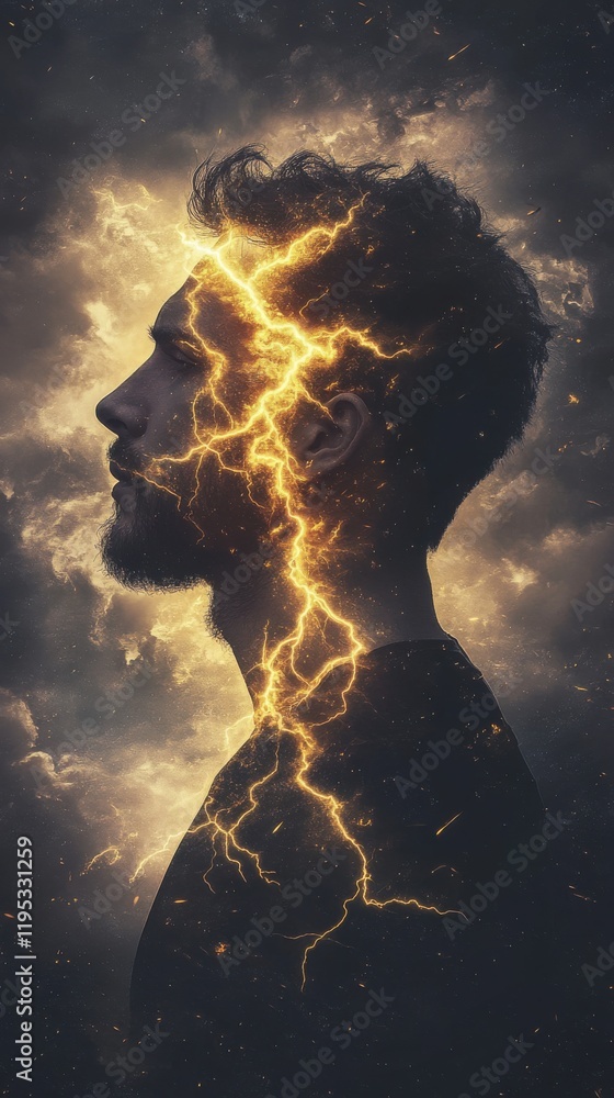 Poster mystical silhouette of a man illuminated by lightning in a stormy atmosphere during twilight