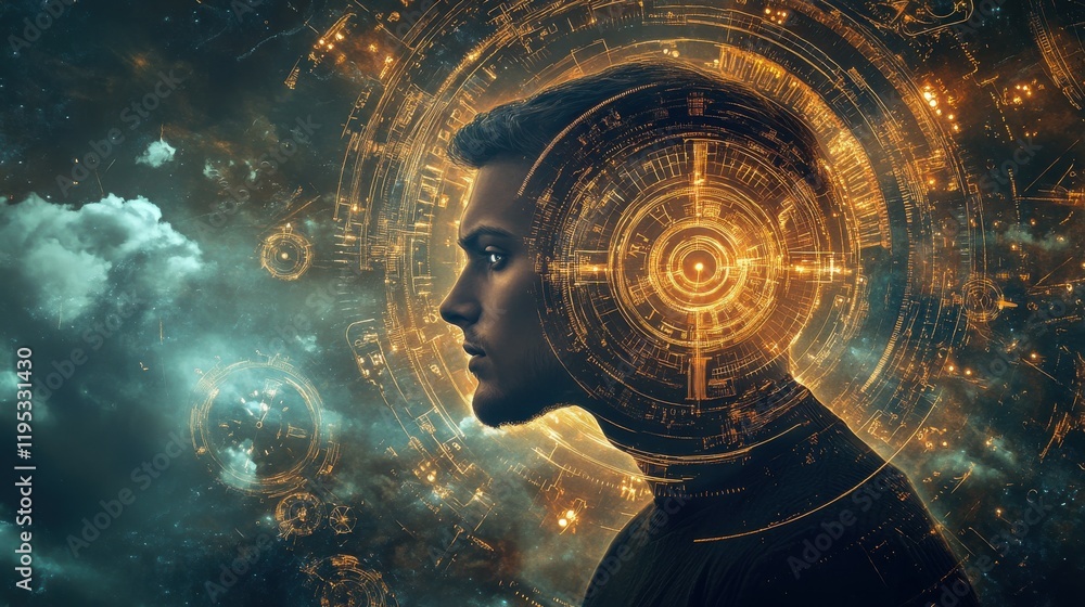 Poster Mystical profile of a man filled with intricate golden patterns and celestial imagery in a surreal cosmic setting