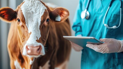 A veterinarian examines a cow using a tablet, showcasing modern animal healthcare and technology in veterinary practices.