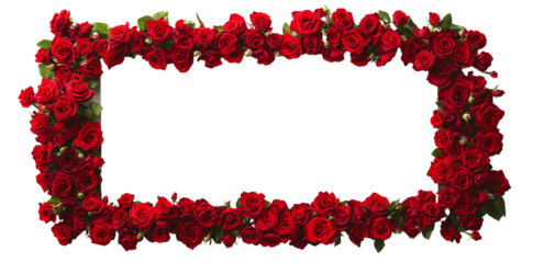 a white rectangular frame made of red roses on the edges isolated on a transparent background 