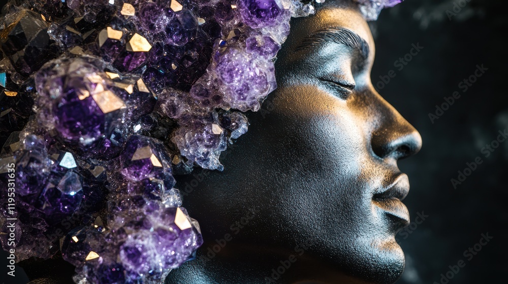 Aufkleber Mystical profile of a man adorned with sparkling amethyst crystals and vivid geological textures in a mesmerizing artistic display