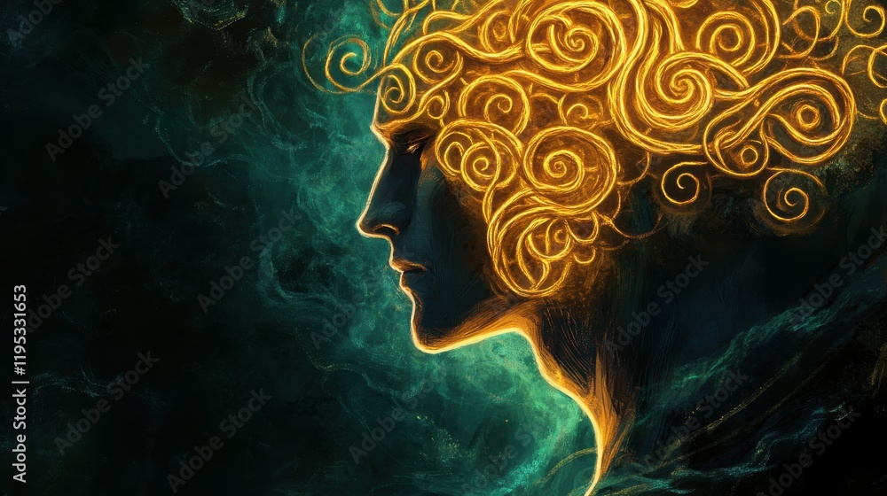 Poster mystical profile of a man illuminated by swirling golden light in an otherworldly setting