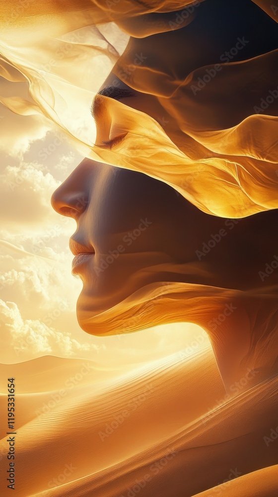 Poster mystical profile of a man intertwined with flowing sands in a warm sunset glow