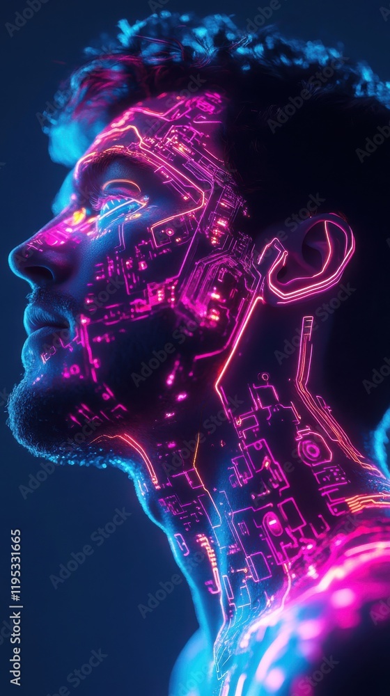 Fototapete mystical man's profile illuminated with vibrant circuit patterns and neon colors in a dark setting