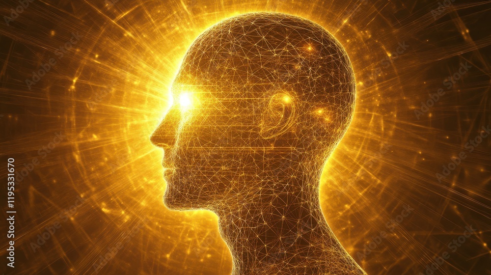 Poster mysterious profile of a man illuminated by golden energy and intricate patterns in a surreal setting