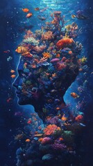 Fototapeta premium Mystical profile of a man filled with vibrant coral reef and marine life in an underwater paradise