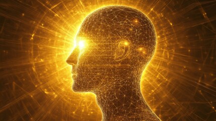Obraz premium Mysterious profile of a man illuminated by golden energy and intricate patterns in a surreal setting