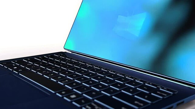 Sleek blue laptop with open screen, showcasing keyboard and ports.