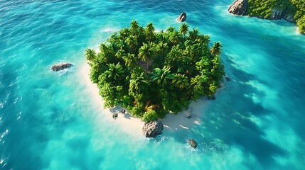 A tropical island surrounded by crystal-clear turquoise waters with lush greenery in the center