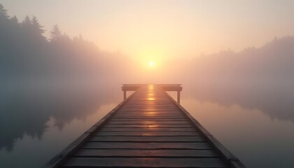 Misty Sunrise over Serene Lake with Wooden Dock