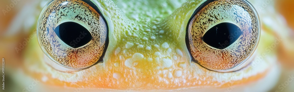 Poster macro capture reveals intricate details of a frog's face with mesmerizing eyes in a natural habitat