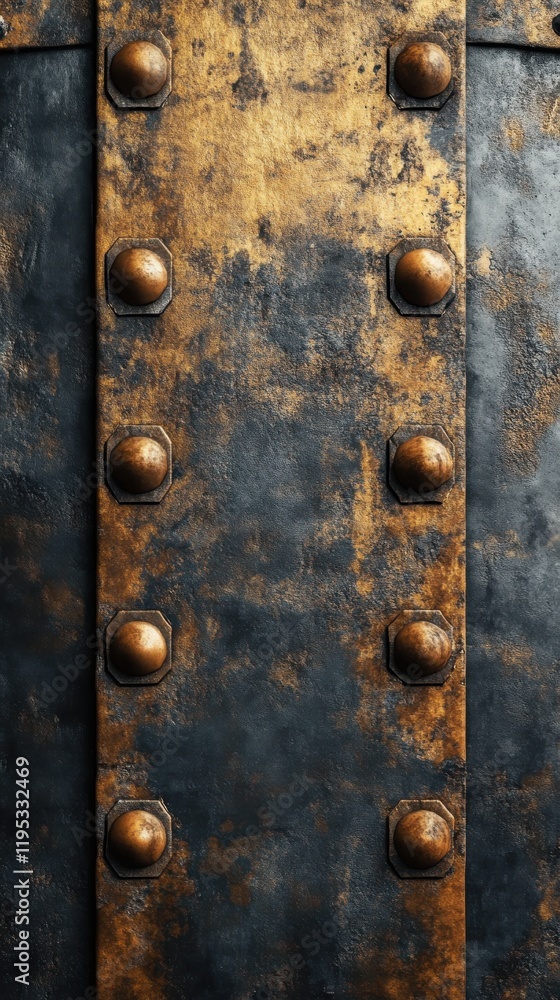 Poster metallic texture with bronze rivets on deep gray surface showcases industrial design aesthetics and 