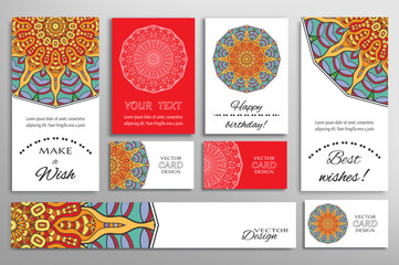 Big set of greeting Cards or wedding Invitations. Postcards template with inscription Make a Wish, Best Wishes, Happy Birthday. Banner, business cards with mandala ornament. Isolated design elements