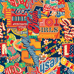 Cute girl cartoon lettering labels patchwork wallpaper vintage vector seamless pattern for shirt fabric wrapping carpet tablecloth pillow