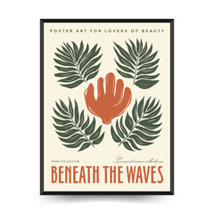 Underwater world, ocean, sea, fish and shells vertical flyer or poster template. Modern trendy Matisse minimal style.