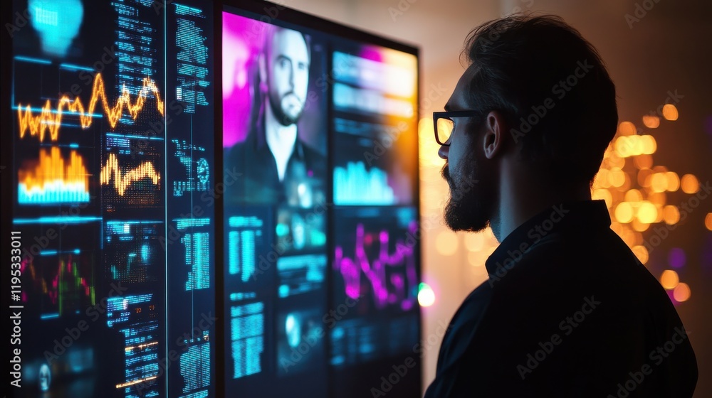 Leinwandbilder engaging in a glowing webinar platform with live chat and data displays during an online session