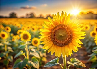 Autumn Harvest:  Stunning Sunflower Field Bloom, Sharp Focus, Golden Hour Photography
