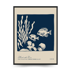 Underwater world, ocean, sea, fish and shells vertical flyer or poster template. Modern trendy Matisse minimal style.
