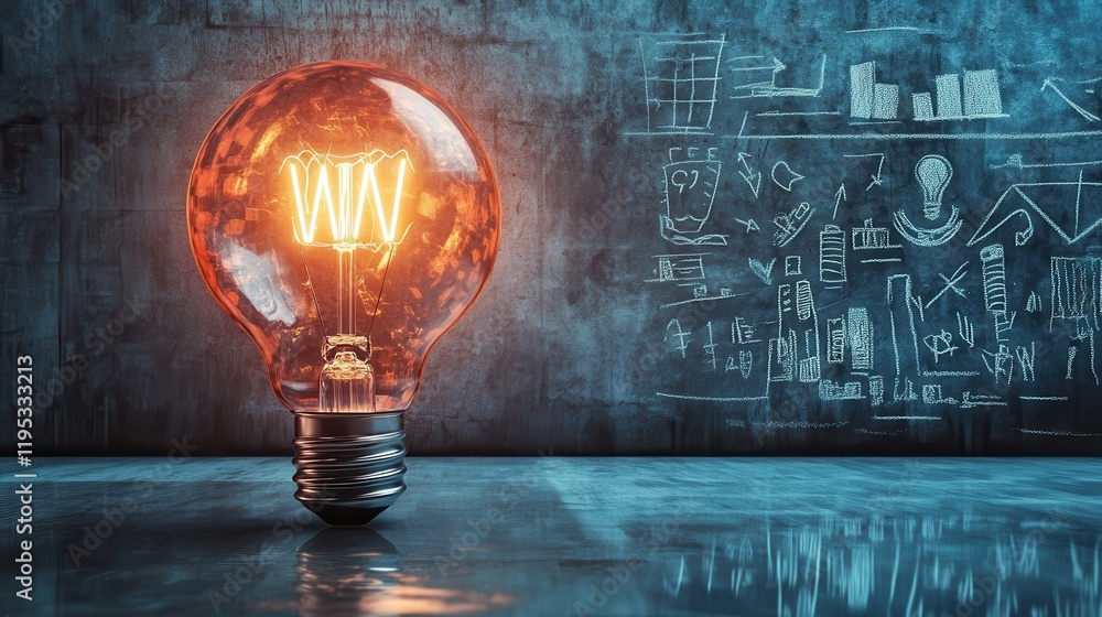 Aufkleber glowing oversized light bulb in minimalist studio with chalkboard art and reflections on the floor