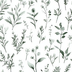 Fototapeta premium Gentle watercolor doodle illustrations of various plants and flowers in a serene design