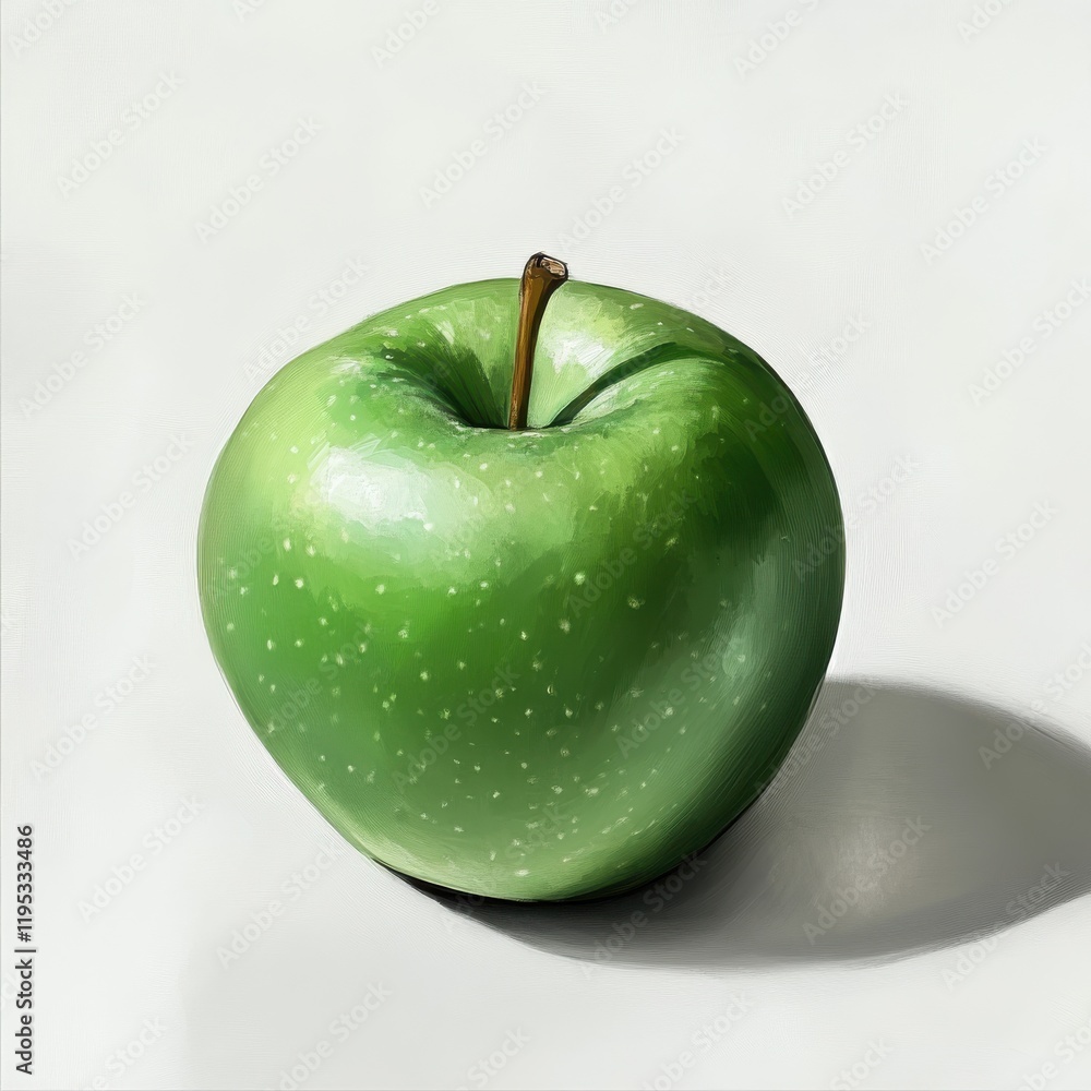 Aufkleber Fresh glossy green apple resting on a light surface with soft shadows creating a minimalist aesthetic