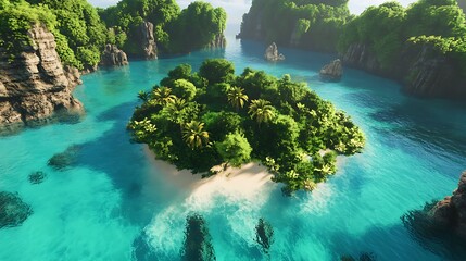A tropical island surrounded by crystal-clear turquoise waters with lush greenery in the center