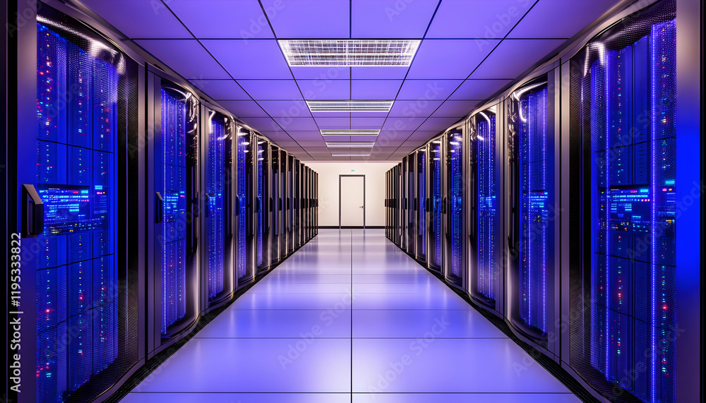 Poster sleek server room with rows of illuminated data storage units; futuristic technology concept.