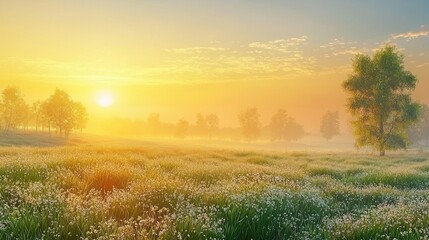 Obraz premium Serene sunrise over a misty meadow filled with wildflowers.