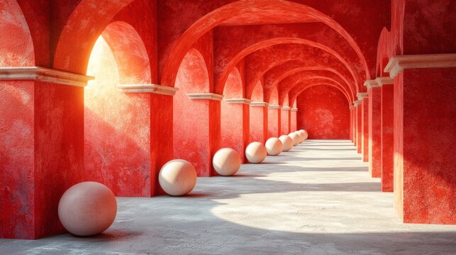 Red Archway: A dramatic perspective of an endless red archway adorned with spheres and lit by a warm, radiant sunlight, creating a visually arresting and mysterious architectural backdrop.
