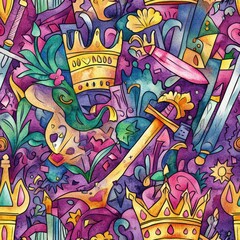 Obraz premium Colorful dynamic doodle of crowns, swords, and whimsical elements in a vibrant watercolor style