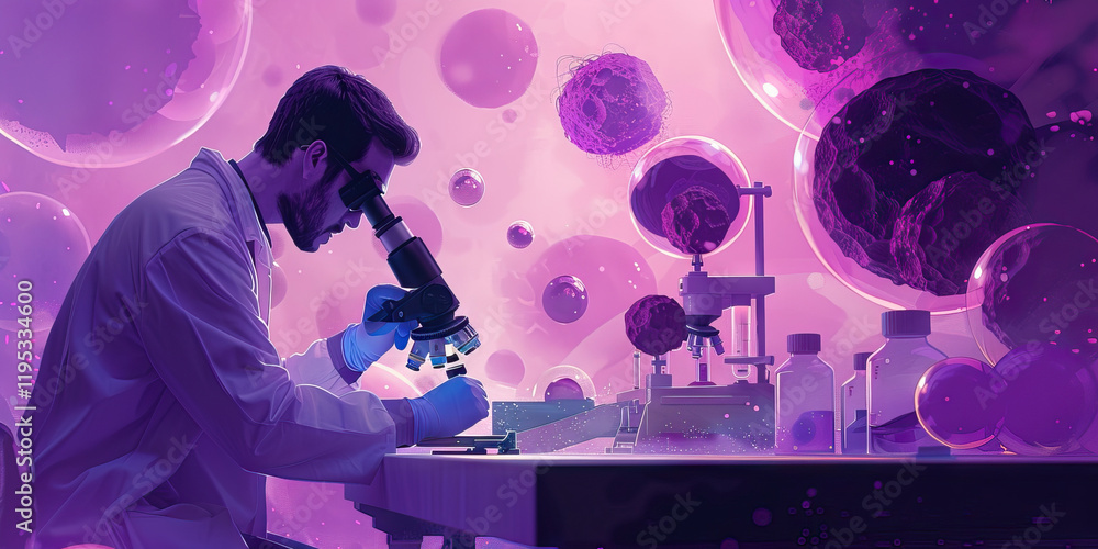 Poster scientist using microscope with purple spheres and cellular structures