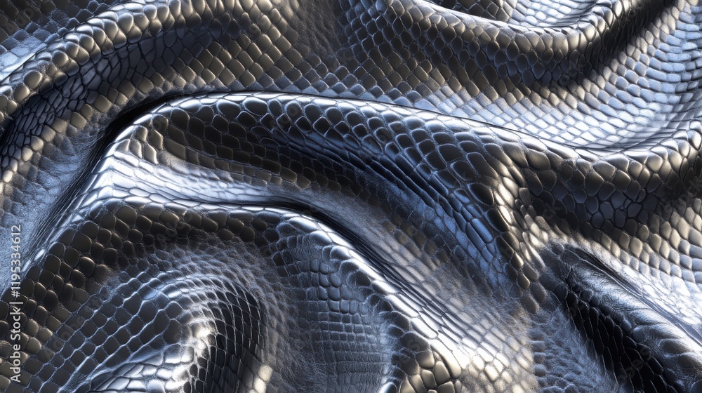 Poster shiny black snake skin pattern texture with reflective surface and curved forms
