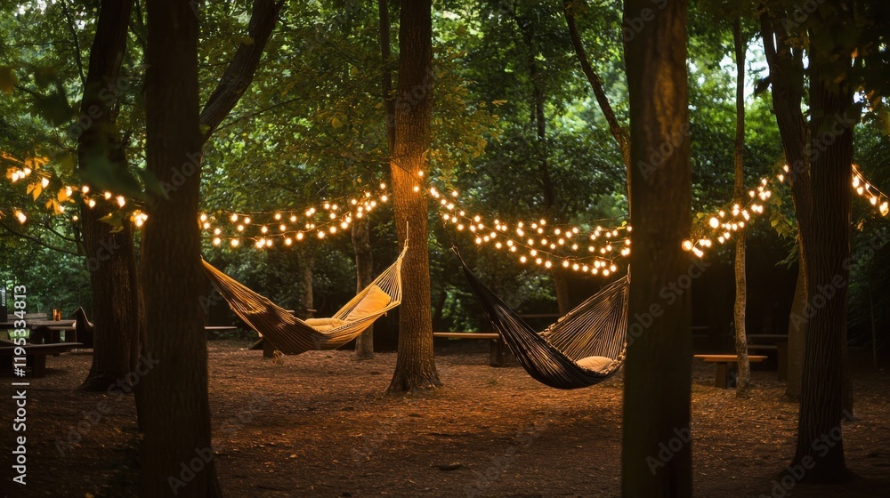 Poster relaxing hammocks strung between trees illuminated by glowing lights in a serene outdoor setting at 
